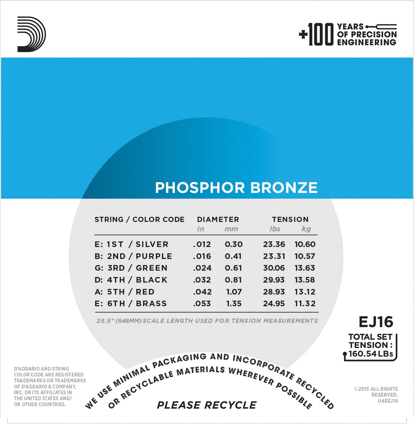 D'Addario EJ16 12-53 Light, Phosphor Bronze Acoustic Guitar Strings