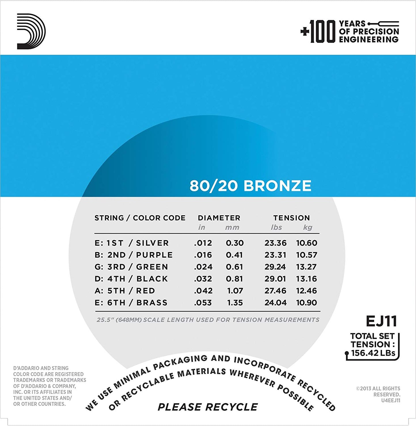 D'Addario EJ11 12-53 Light, 80/20 Bronze Acoustic Guitar Strings