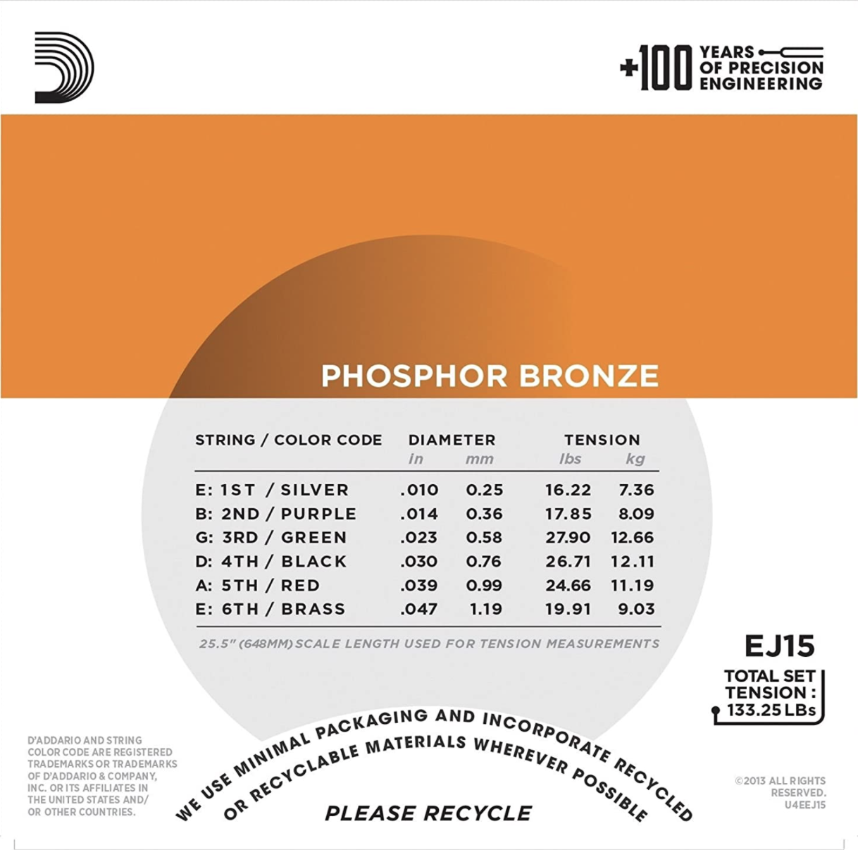 D'Addario EJ15 10-47 Extra Light, Phosphor Bronze Acoustic Guitar Strings