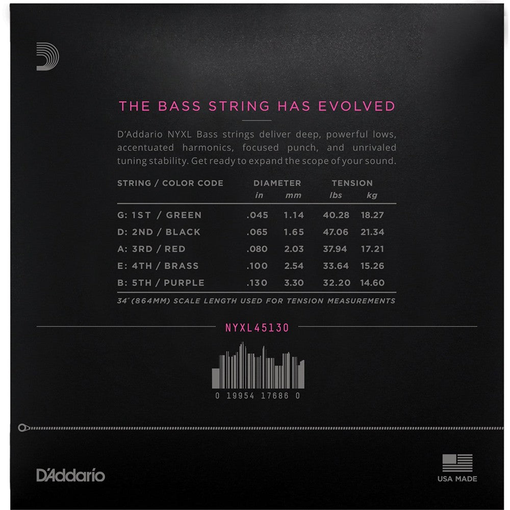 D'Addario NYXL45130 45-130 Regular Light 5-String, Long Scale, NYXL Bass Strings