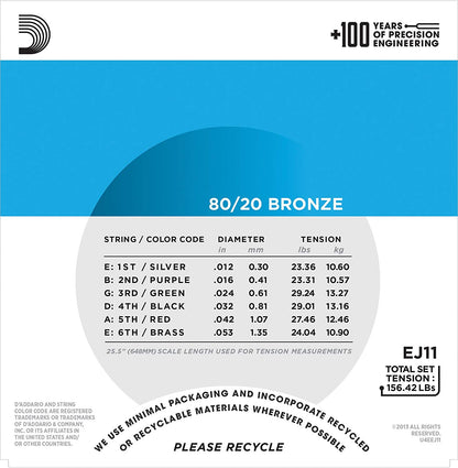D'Addario EJ11 12-53 Light, 80/20 Bronze Acoustic Guitar Strings