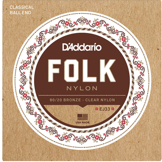 D'Addario Normal Tension Ball End, 80/20 Bronze/Clear Nylon, Folk Nylon Classical Guitar Strings
