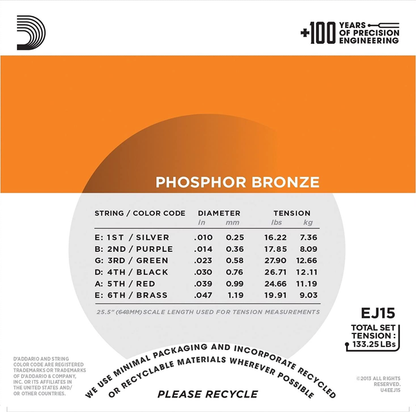 D'Addario EJ15 10-47 Extra Light, Phosphor Bronze Acoustic Guitar Strings